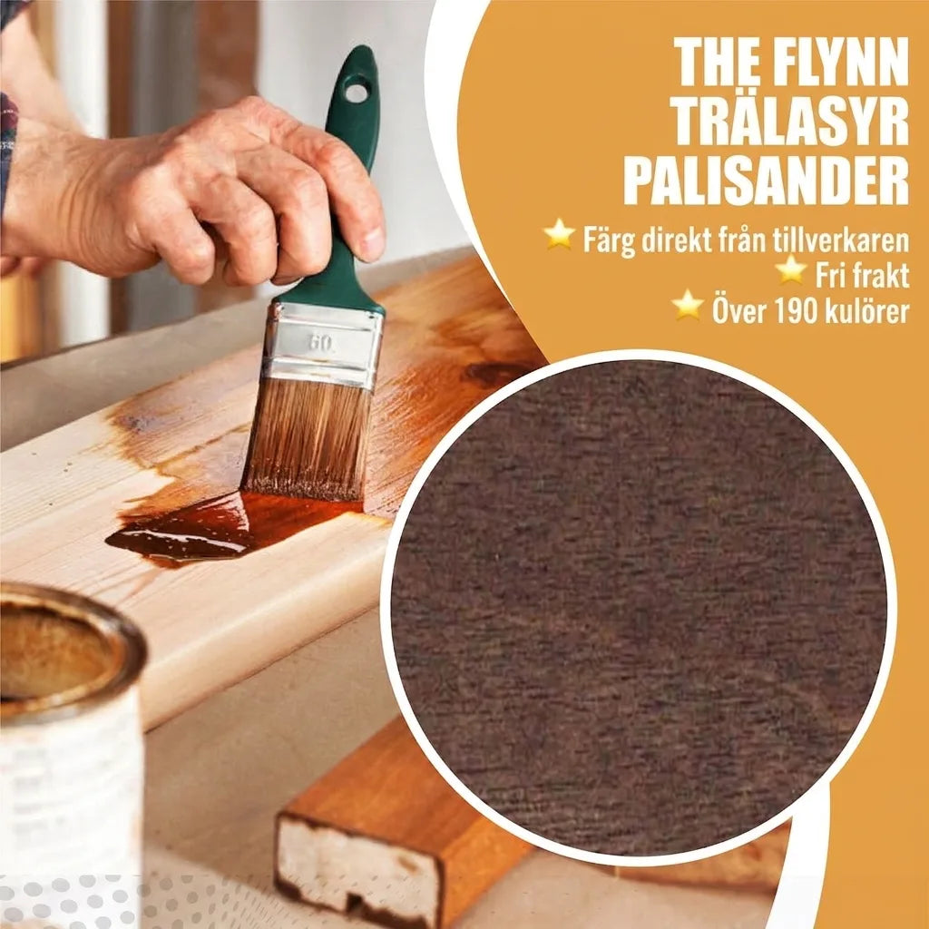 En person betsar trä med brun trälasyr från The Flynn i färgen Palisander, med text om tillverkning och frakt.