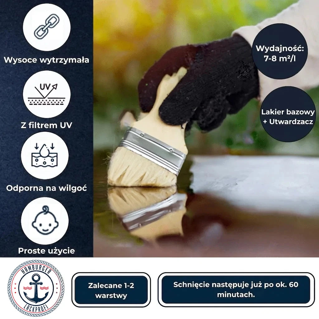 Osoba malująca drewno pędzlem. Opis produktu: wysoka trwałość, ochrona UV, odporność na wilgoć, łatwe użycie, szybkie schnięcie.