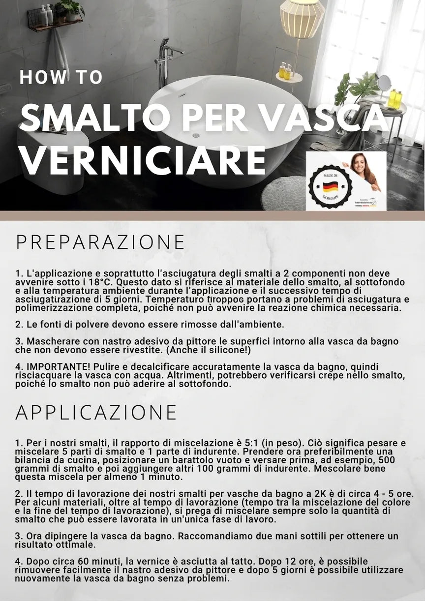 Istruzioni dettagliate per verniciare una vasca da bagno, con fasi di preparazione e applicazione del prodotto.