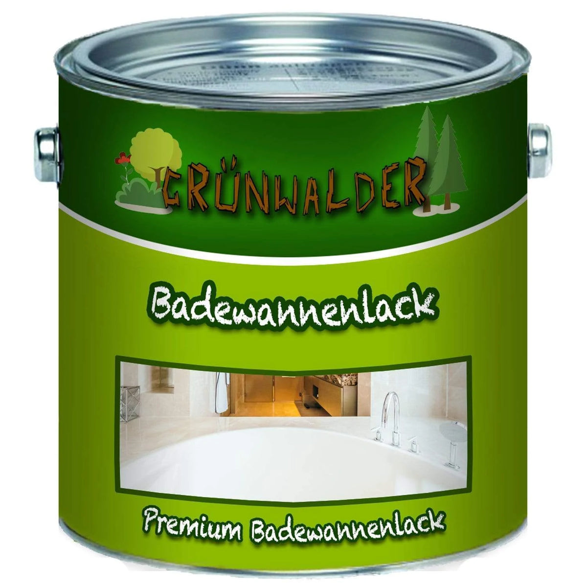 Zielona puszka farby "GRÜNWALDER Badewannenlack" z obrazkiem wanny, "Premium Badewannenlack".