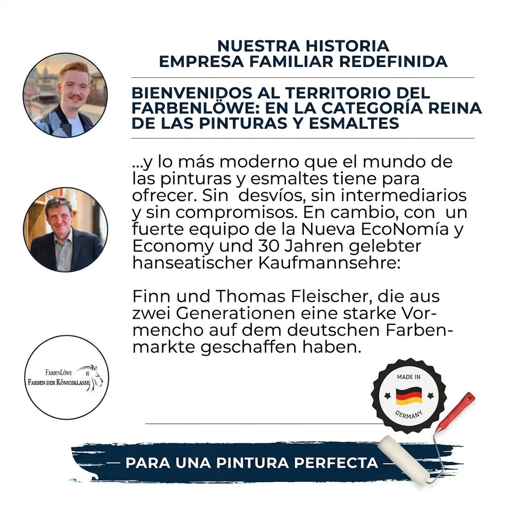 Dos hombres, Finn y Thomas Fleischer, con texto sobre la historia de su empresa familiar de pinturas y lacas, Farbenlöwe.