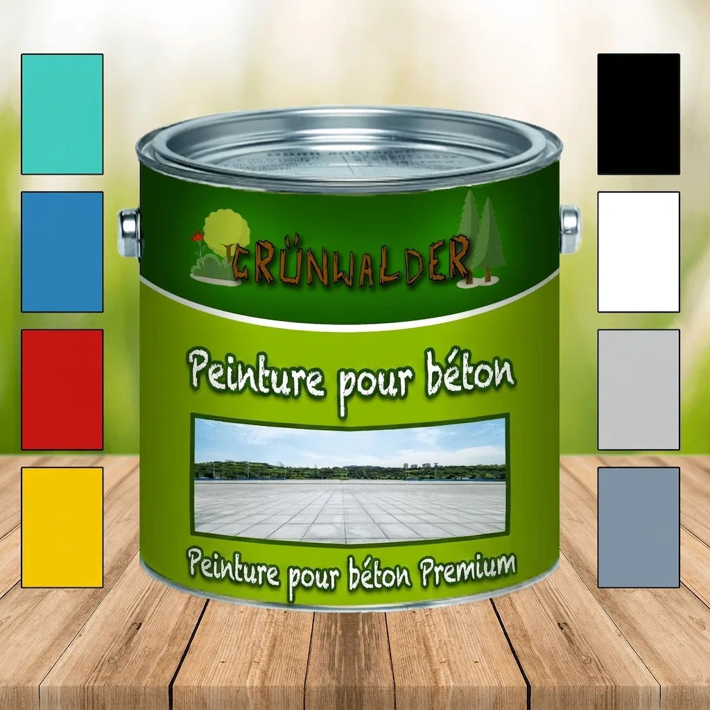 Pot de peinture pour béton GRÜNWALDER avec nuancier de couleurs (turquoise, bleu, rouge, jaune, noir, blanc, gris).