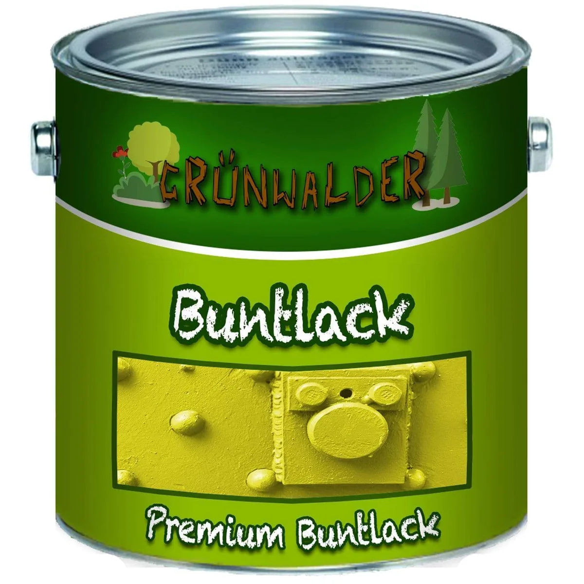Grünwalder malingsdåse med grøn etiket. Tekst: Buntlack, Premium Buntlack. Viser gult malet objekt.