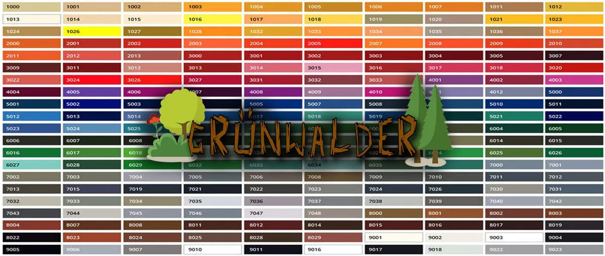 Carta de colores RAL con tonos numerados y el nombre 'GRÜNWALDER' en un diseño forestal.