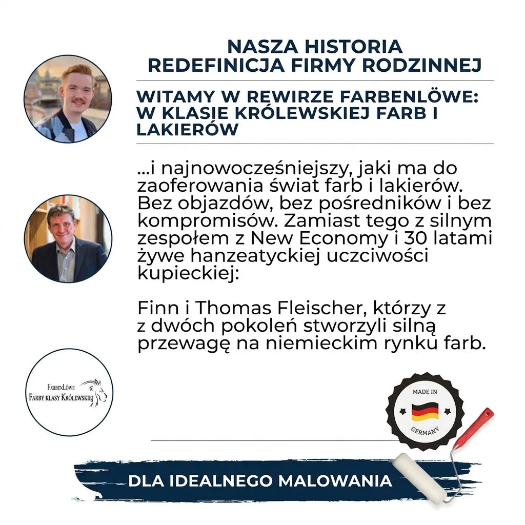 Reklama firmy Farbenlöwe z właścicielami, Finnem i Thomasem Fleischer, tekstem o rodzinnej firmie, niemieckich farbach i lakierach. Z wałkie