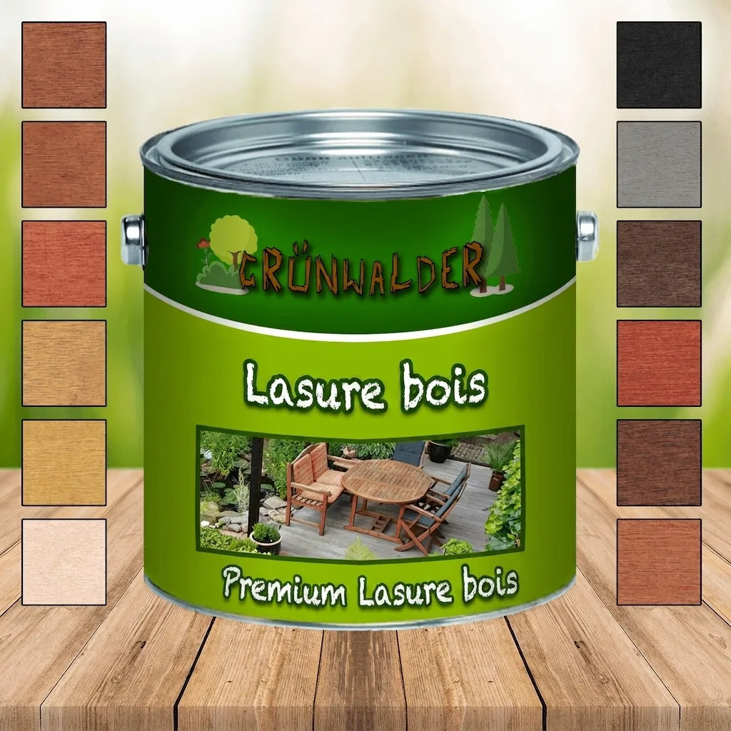 Pot de lasure bois Grünwalder Premium avec nuancier de teintes et exemple d'application sur terrasse.