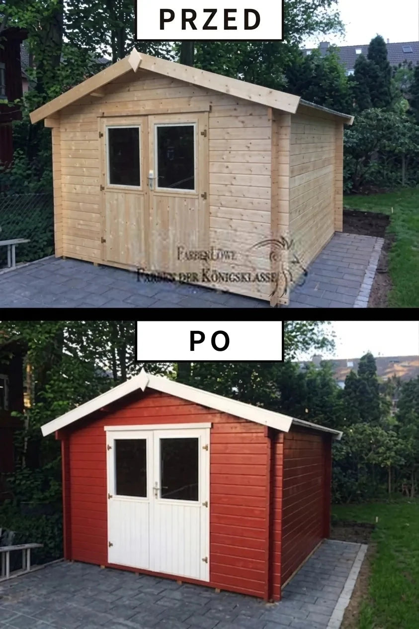 Drewniana szopa ogrodowa przed i po malowaniu na czerwono z białymi drzwiami i wykończeniem.