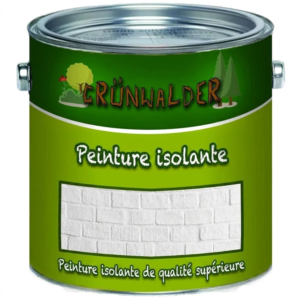 Pot de peinture isolante blanche de marque Grünwalder, affichant "Isolierfarbe Premium".
