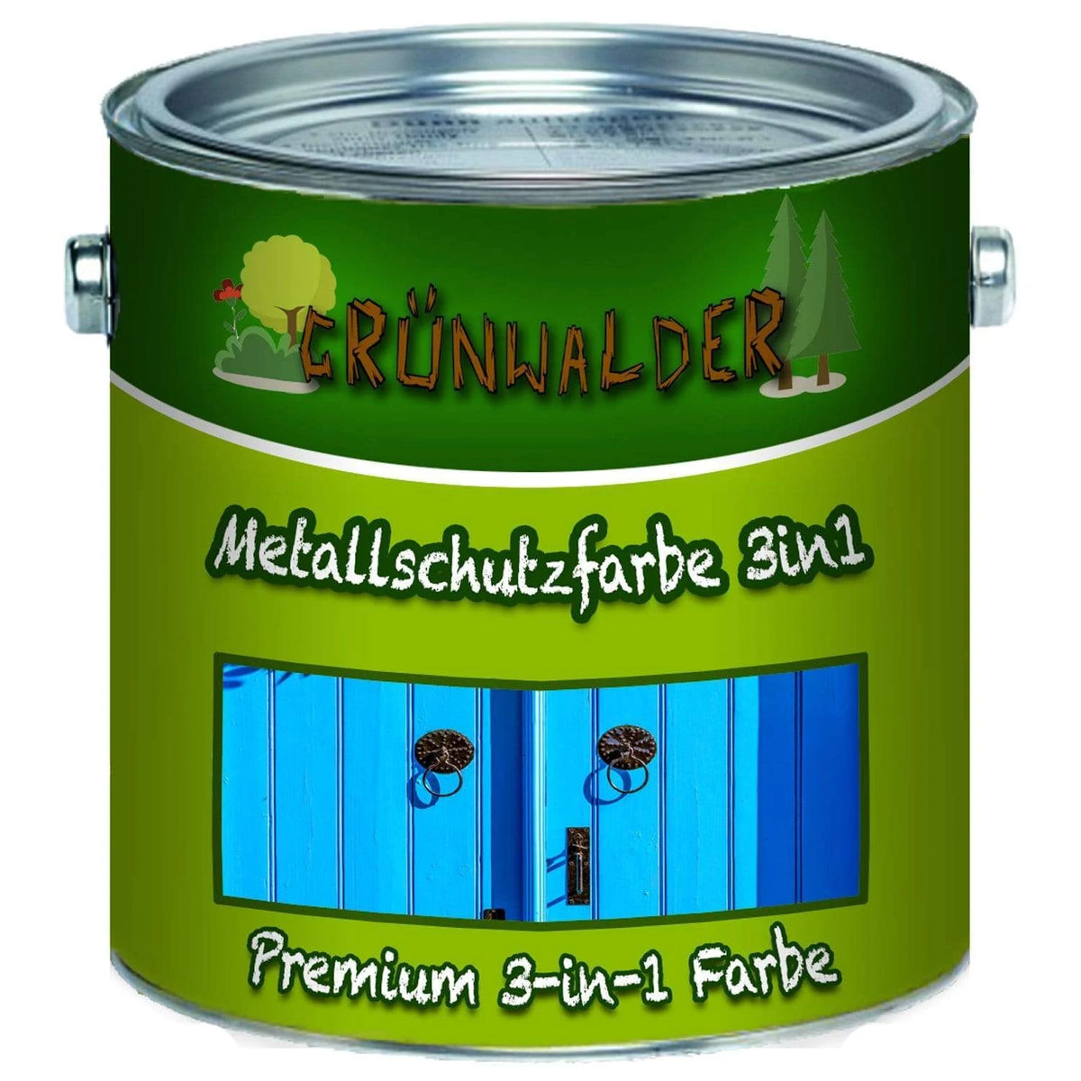Zielona puszka farby ochronnej do metalu Grünwalder 3w1 Premium, na etykiecie niebieskie drzwi.