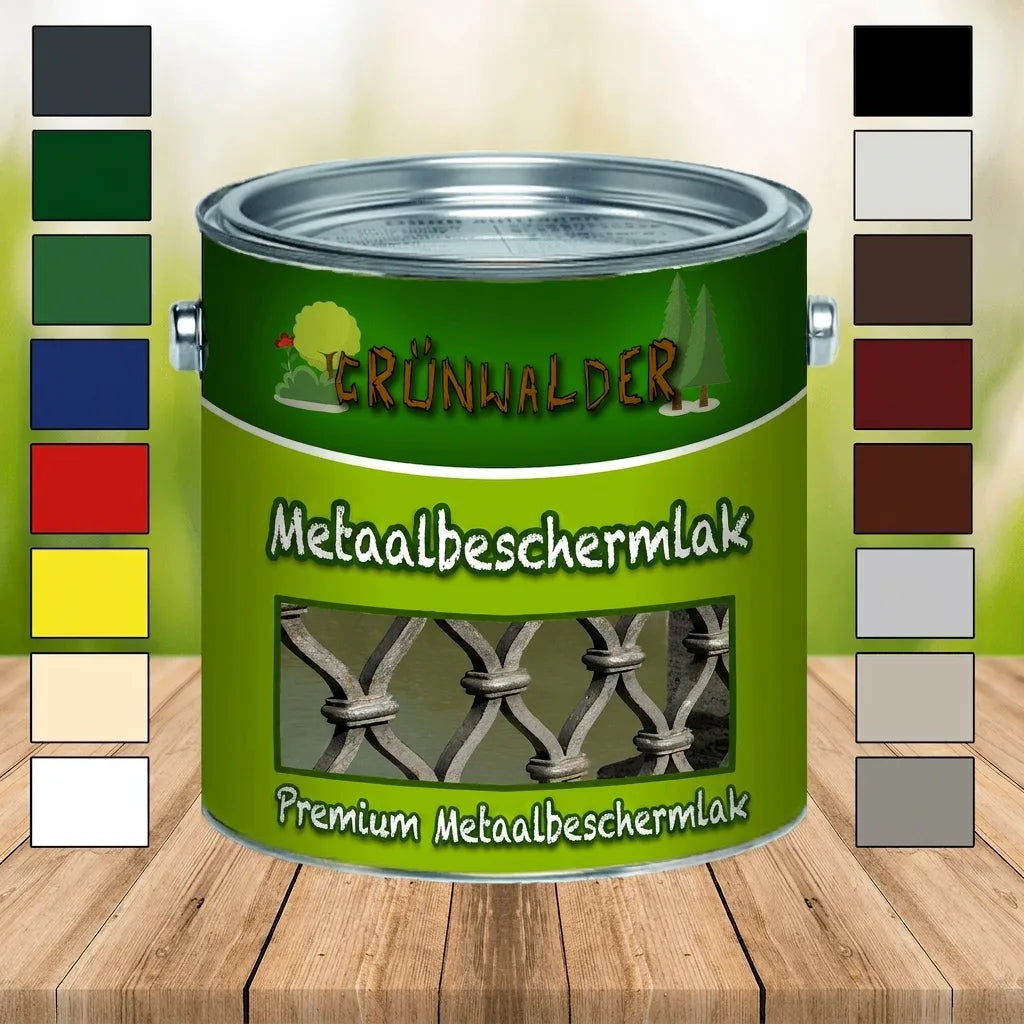 Groen verfblik Grünwalder Metaalbeschermingslak met diverse kleurstalen op houten tafel.