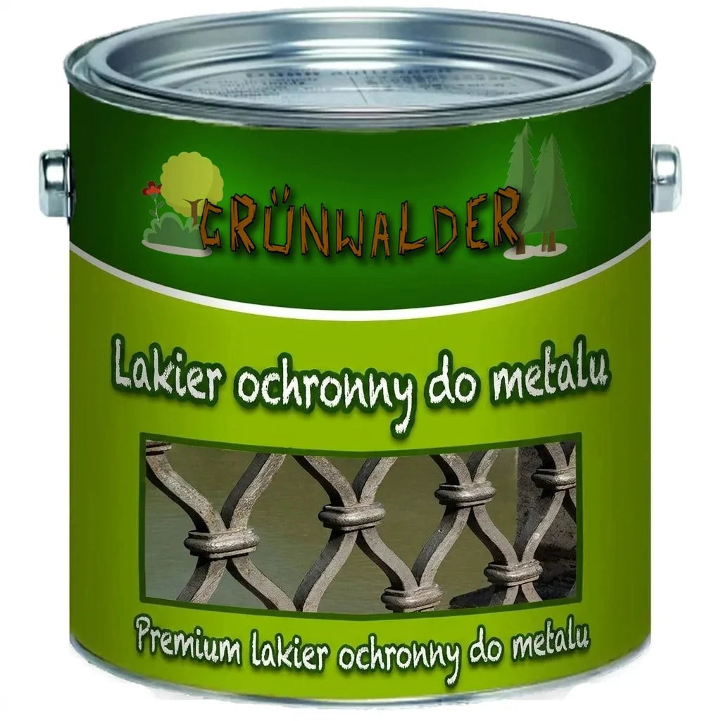 Zielona puszka lakieru ochronnego Grünwalder Premium do metalu, z fragmentem metalowego ogrodzenia.