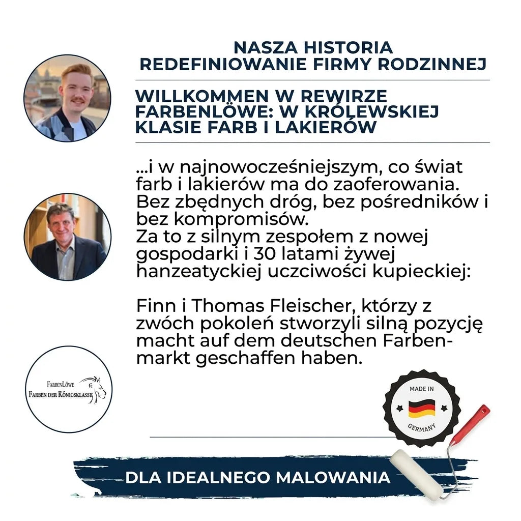 Historia rodzinnej firmy Farbenlöwe, z Finnem i Thomasem Fleischerem, oferującej farby i lakiery premium, Made in Germany.