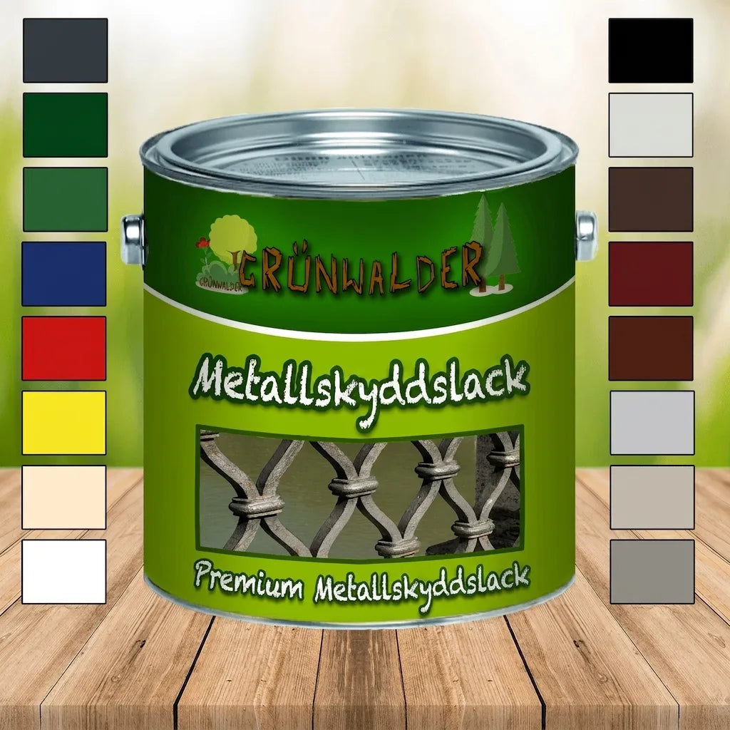 Grünwalder Premium Metallskyddsfärg i burk med färgprover på träbord.