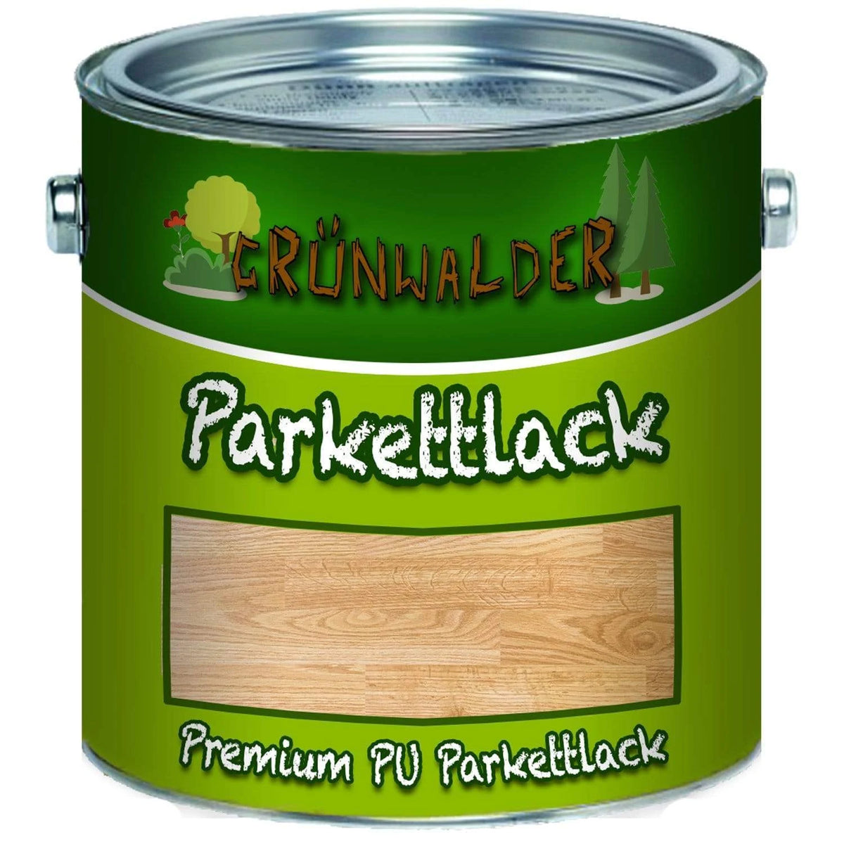 Puszka lakieru do parkietu Grünwalder "Parkettlack" "Premium PU Parkettlack" z próbką drewna.