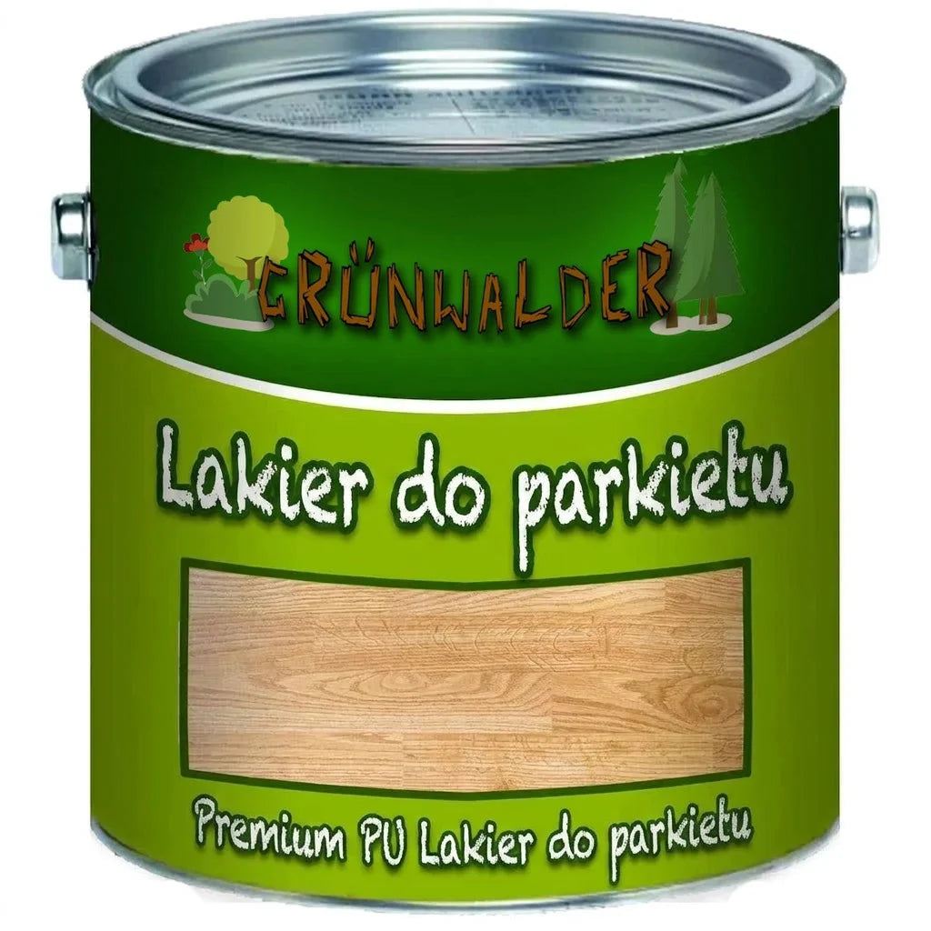Zielona puszka lakieru do parkietu Grünwalder Premium PU z wizualizacją podłogi drewnianej.