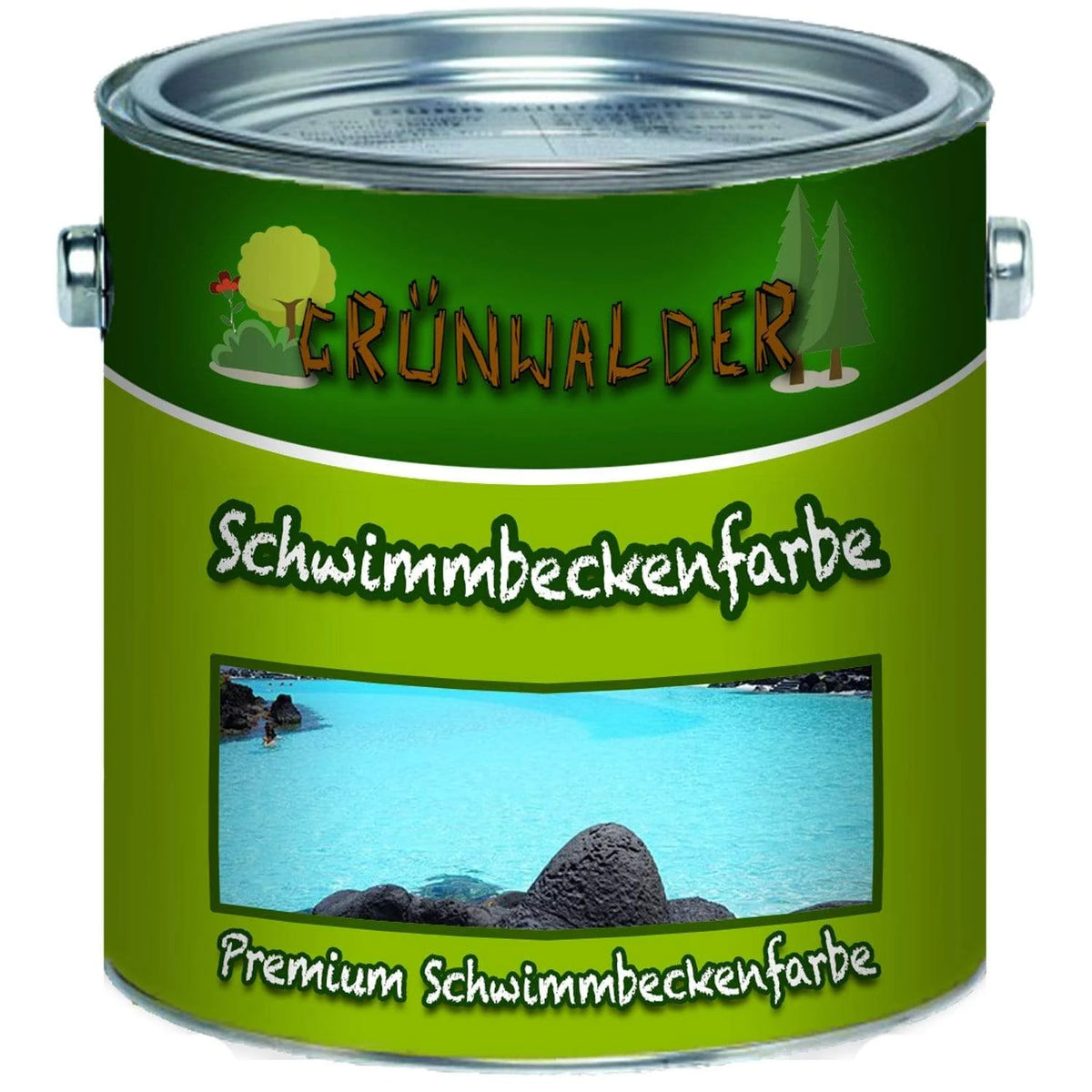 Puszka farby basenowej Grünwalder Premium Schwimmbeckenfarbe, z obrazkiem błękitnej laguny.