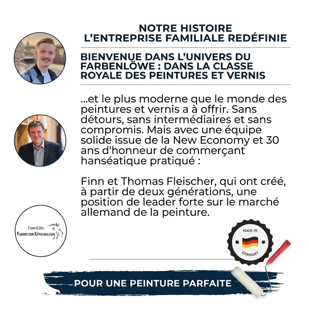 Histoire de Farbenlöwe, entreprise familiale de peintures. Portraits de Finn et Thomas Fleischer. Made in Germany.