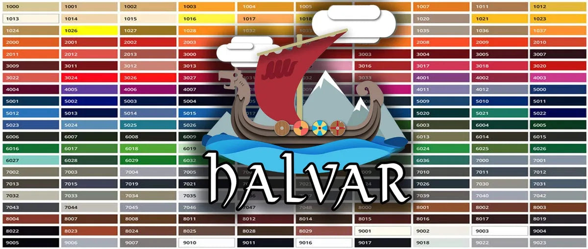 RAL kleurenoverzicht met genummerde kleurstalen, een illustratie van een Vikingschip en de tekst 'HALVAR'.