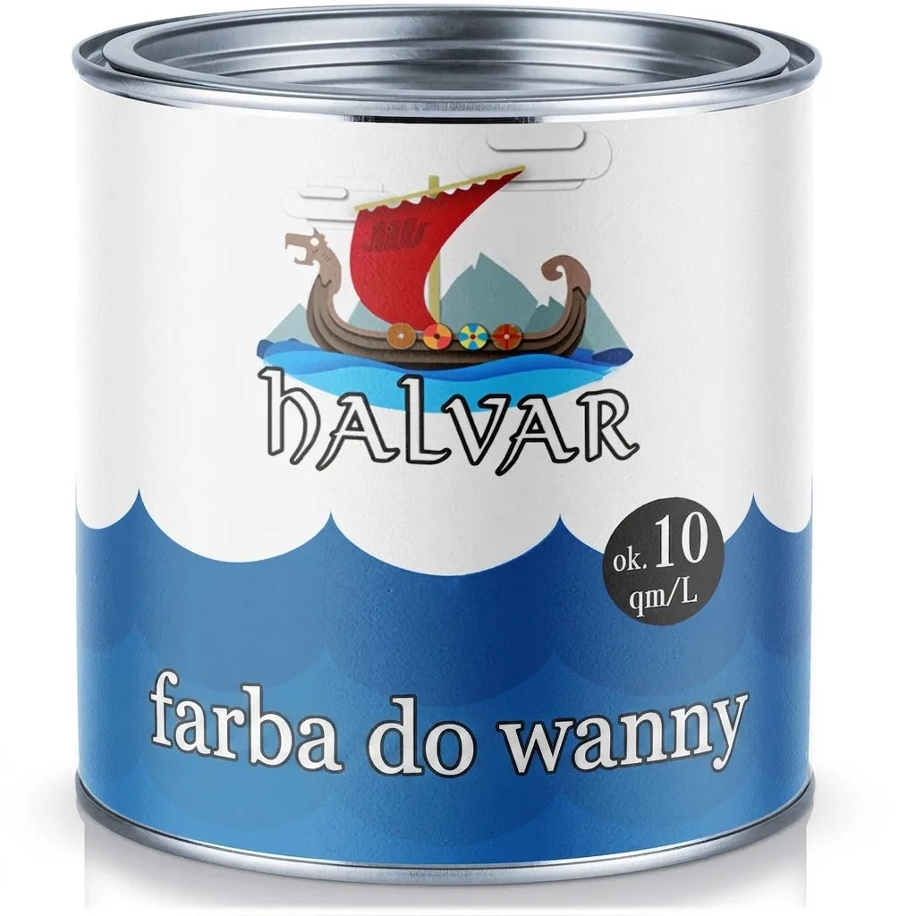 Biała puszka farby Halvar do wanny z grafiką statku Wikingów i wydajnością 10 m²/L.