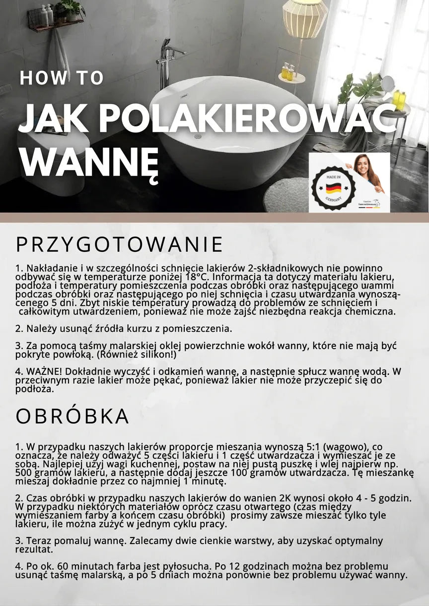 Instrukcja krok po kroku jak malować wannę. Biała wanna w nowoczesnej łazience. Produkt Made in Germany.