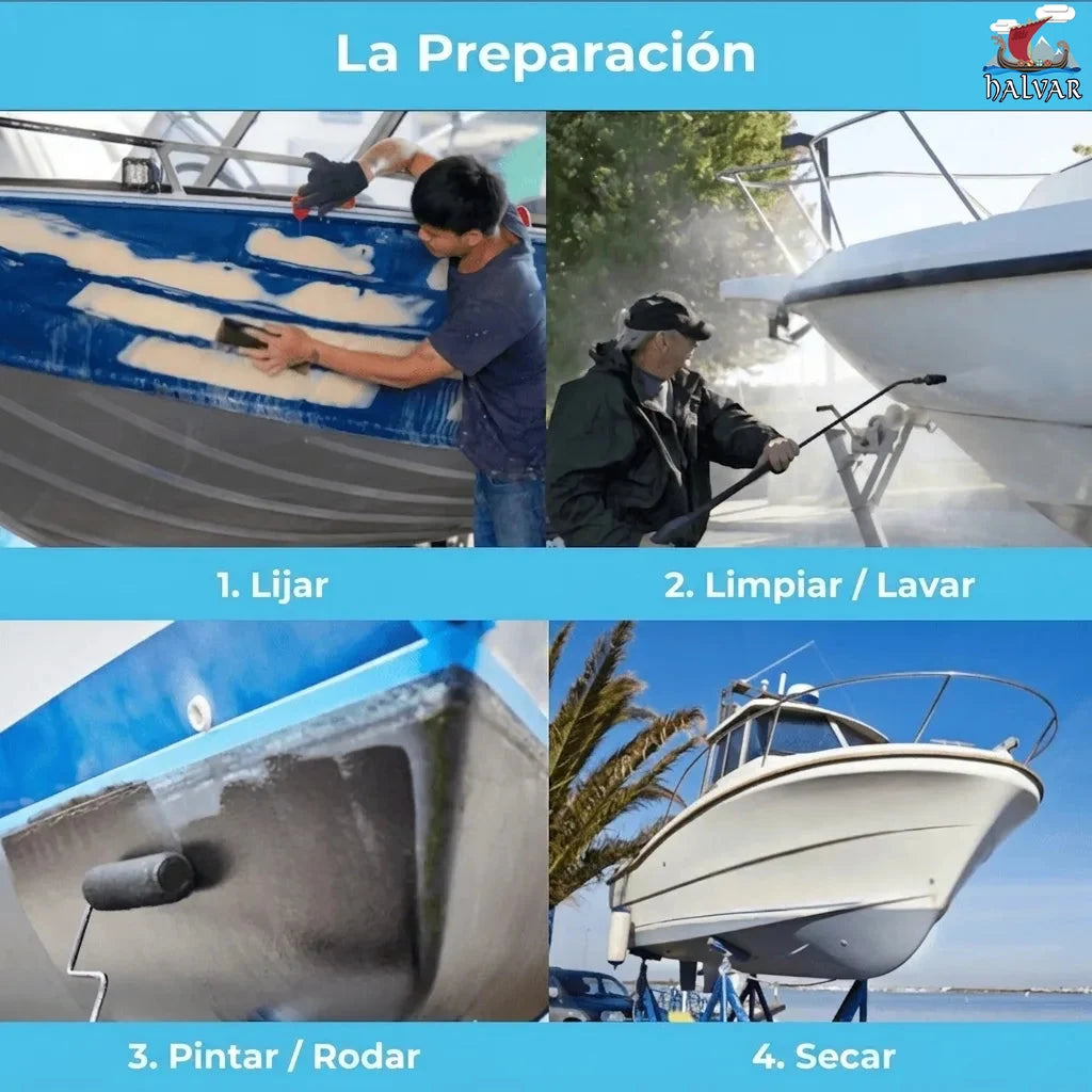 Pasos para la preparación de un barco: lijado, limpieza, aplicación de pintura y secado de la embarcación.