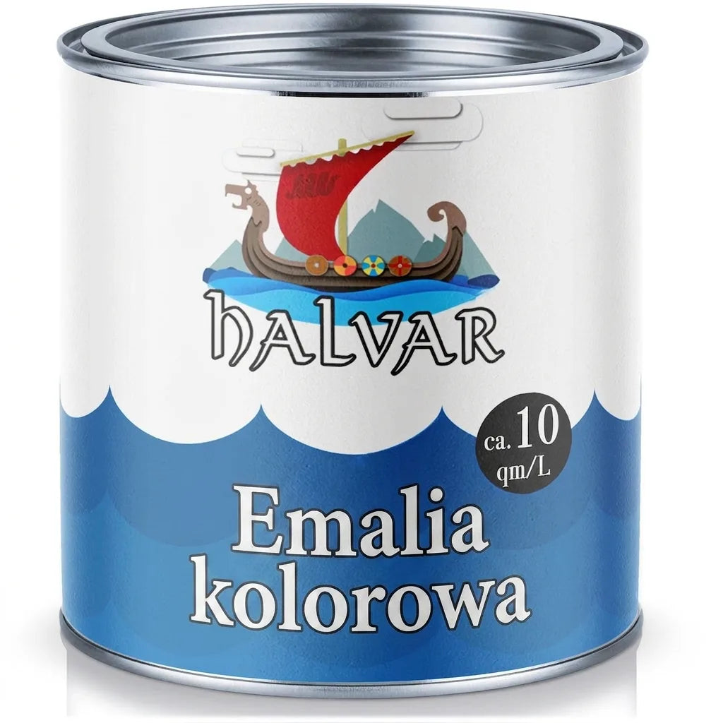 Puszka lakieru HALVAR Buntlack z dekoracyjną etykietą ze statkiem Wikingów. Wydajność ok. 10 m²/L.