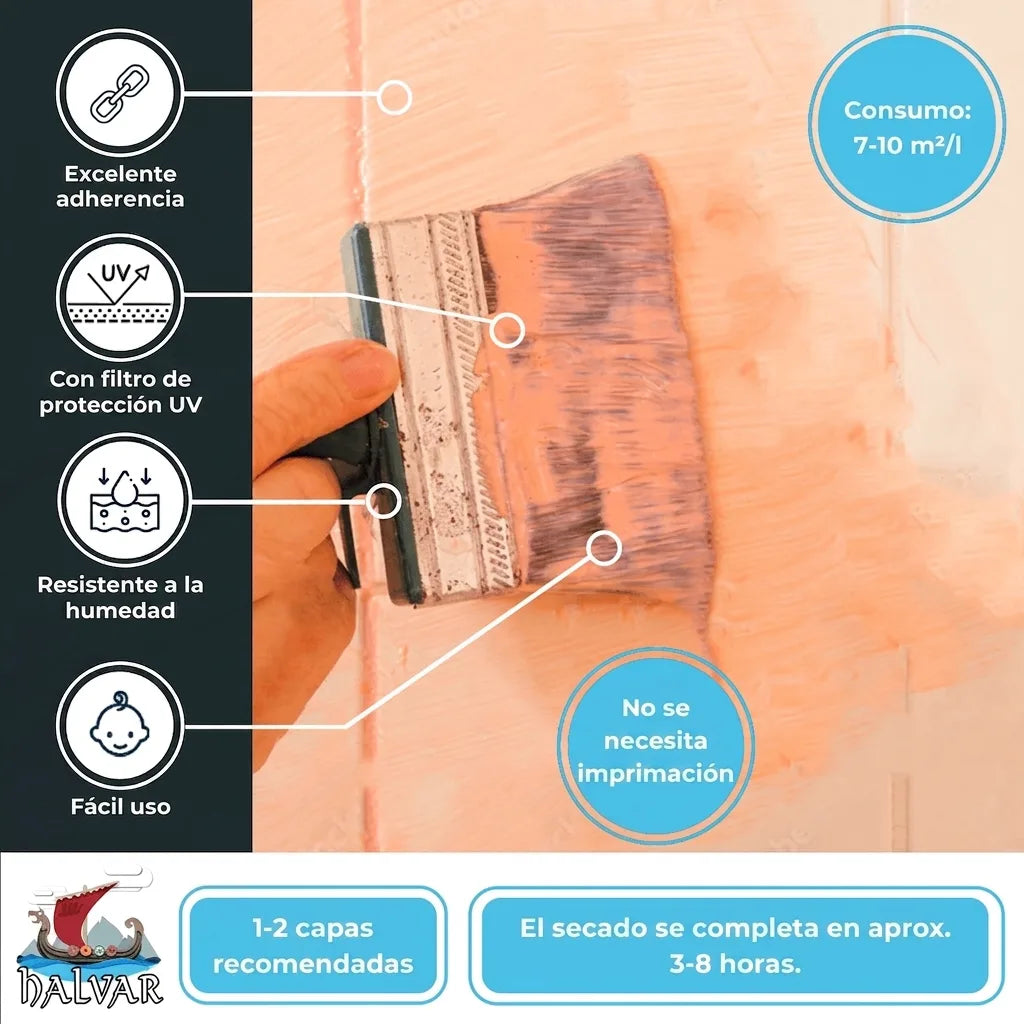 Características de pintura BALVAR: excelente adherencia, protección UV, humedad, fácil uso, consumo, sin imprimación, secado 3-8h.