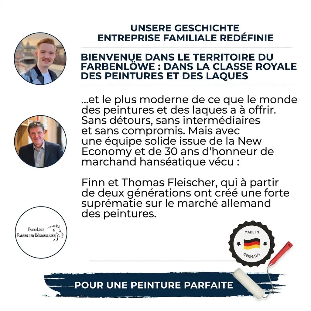 Page Farbenlöwe: histoire d'une entreprise familiale allemande de peintures et vernis, avec Finn et Thomas Fleischer.