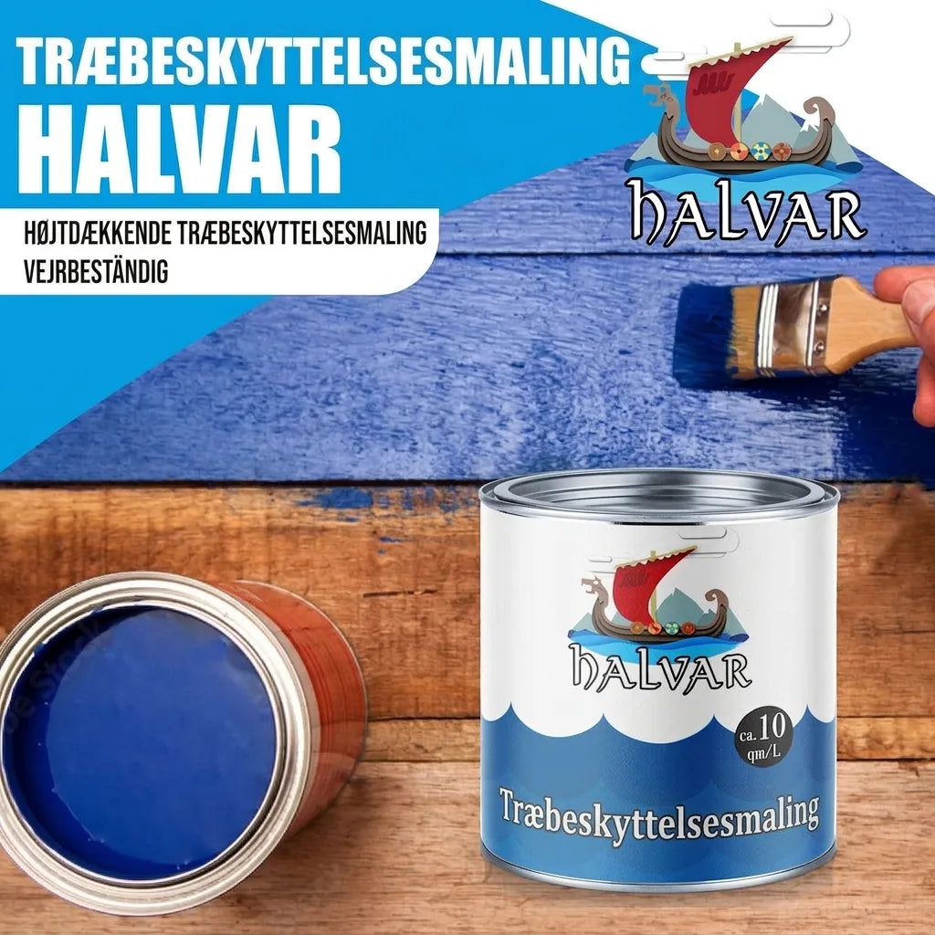 Halvar blå træbeskyttelsesmaling. Højdækkende og vejrbestandig maling til træ. Kan og påføring.