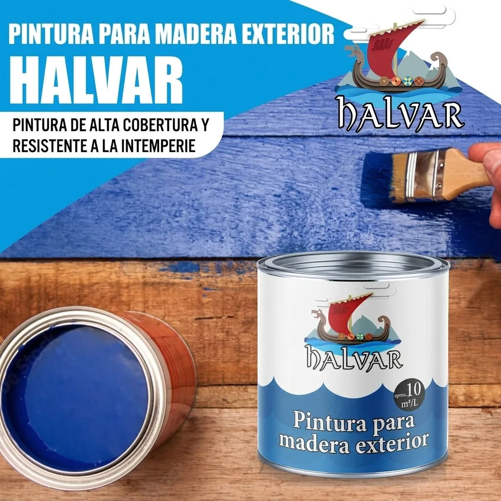 Pintura protectora de madera azul HALVAR en lata y aplicándose sobre tablones de madera.
