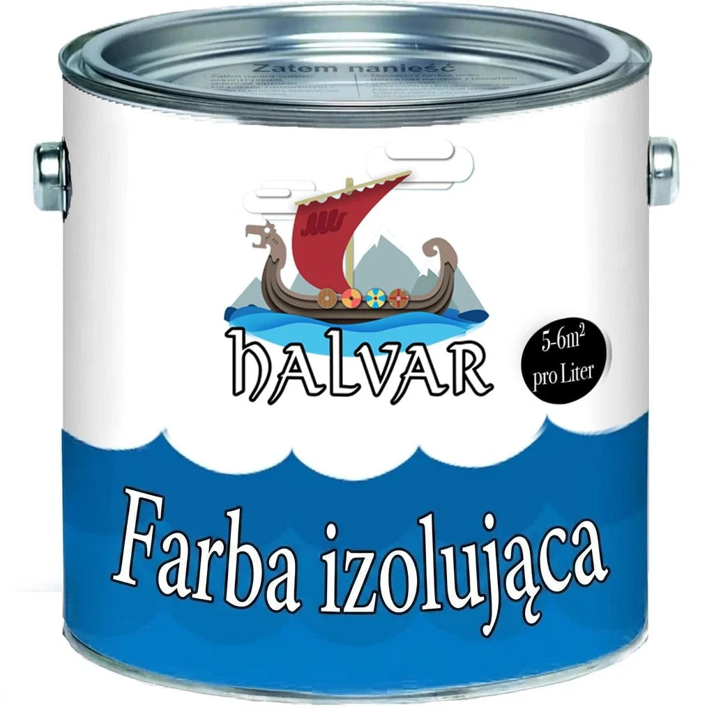 Puszka farby izolacyjnej Halvar z ilustracją łodzi Wikingów, wydajność 5-6m² na litr.