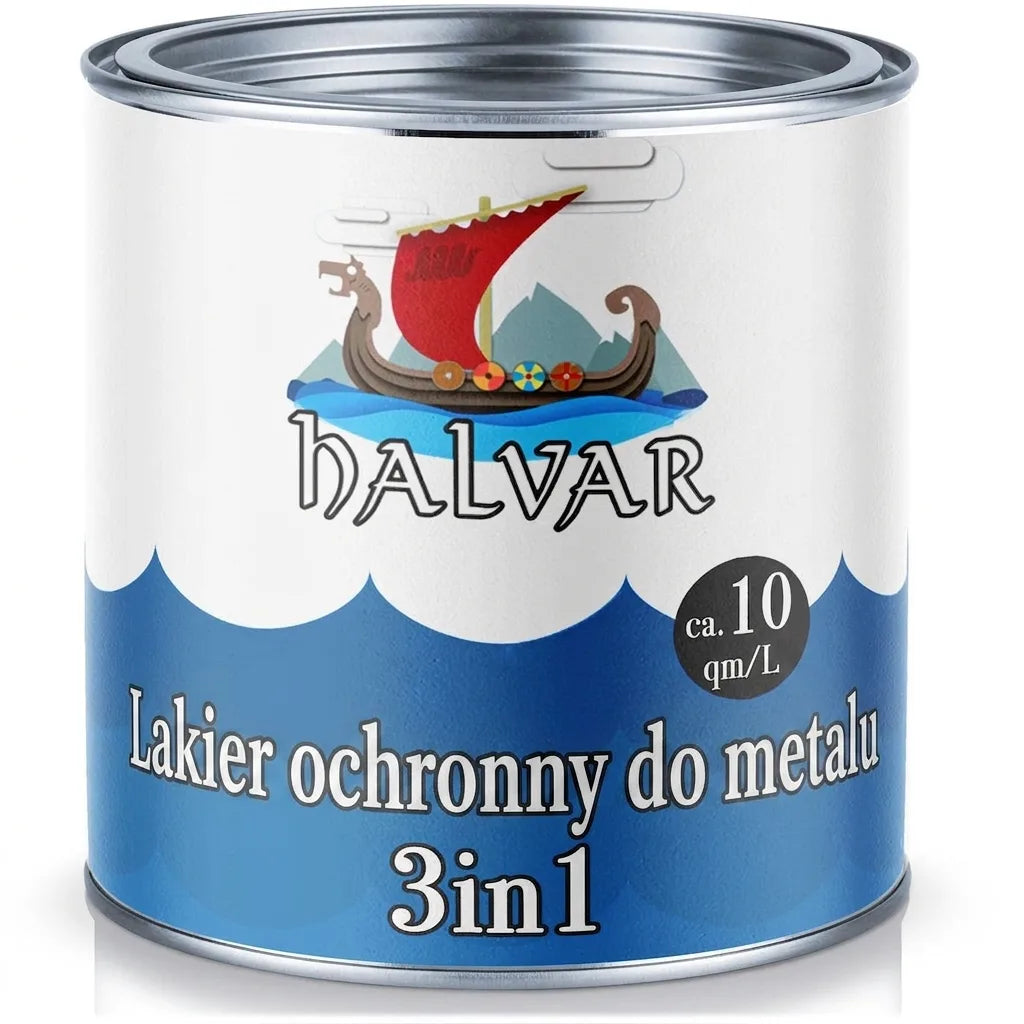 Puszka lakieru ochronnego do metalu HALVAR 3w1, ok. 10 mkw/L, z motywem łodzi wikingów.
