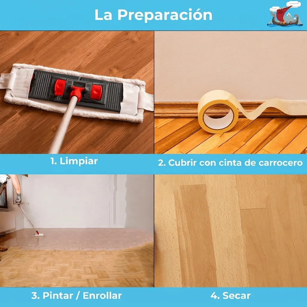 Instrucciones paso a paso para el tratamiento de pisos de madera: limpiar, encintar, pintar/rodar y secar.
