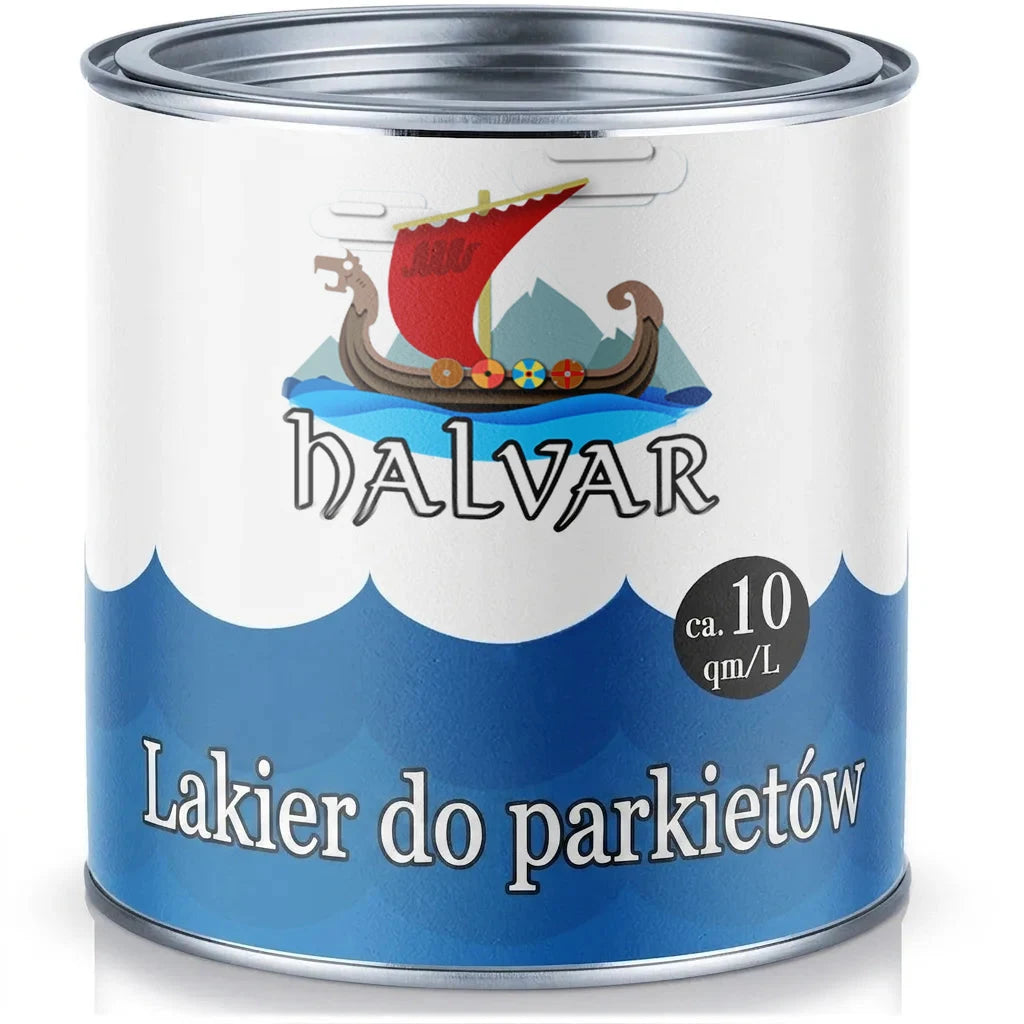 Puszka lakieru do parkietu HALVAR z logo statku Wikingów. Wydajność ok. 10 m²/L.