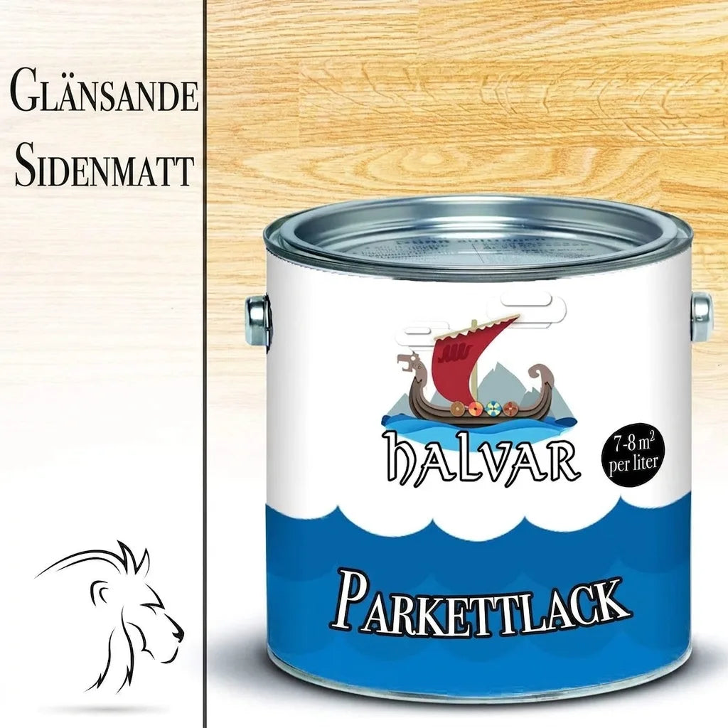 Halvar parkettlack för trägolv, glansig eller sidenmatt. Täcker 7-8m² per liter.