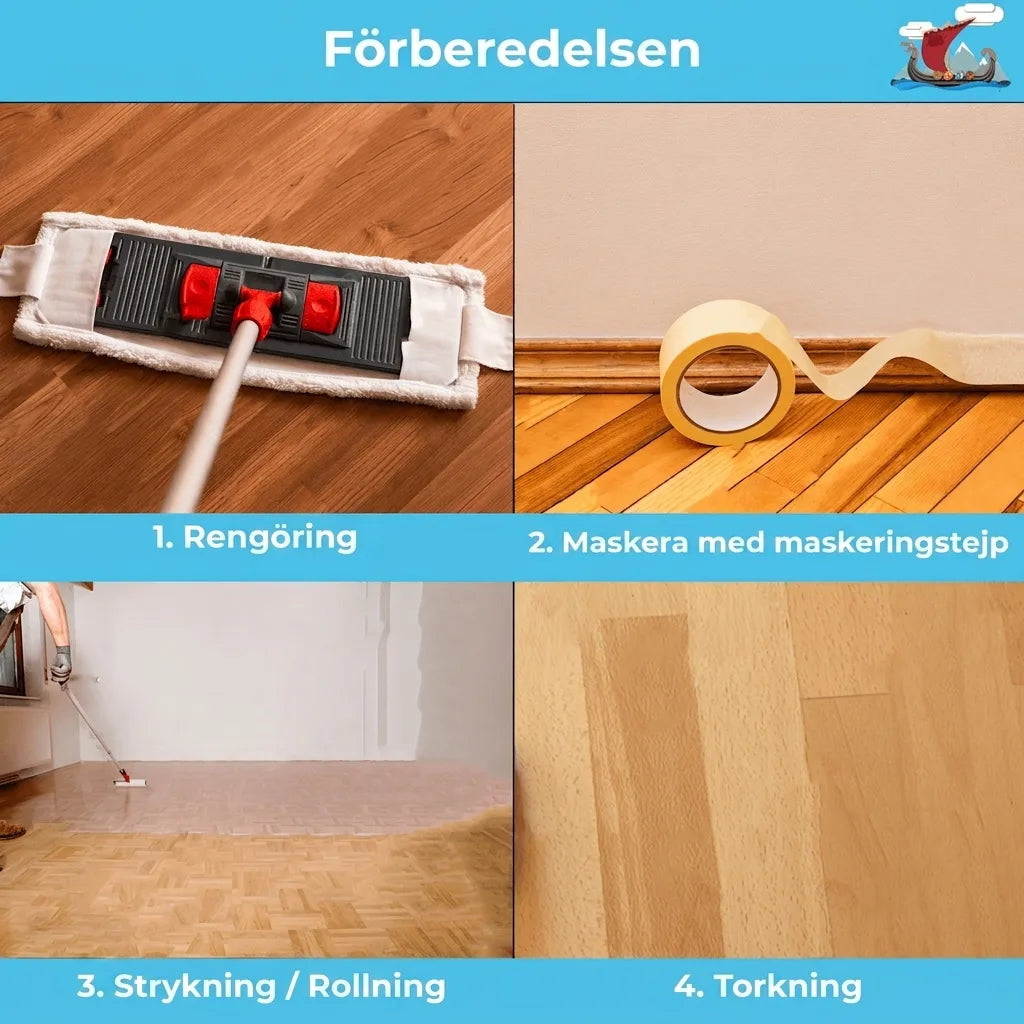 Steg-för-steg-guide för golvbehandling: rengöring, maskering, applicering av yta och torkning.