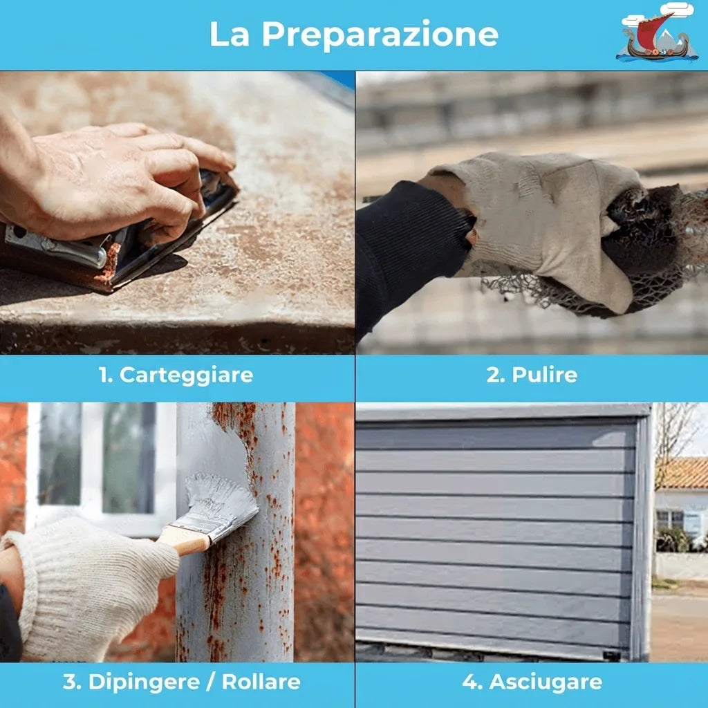 Quattro passaggi di preparazione: levigatura, pulizia, pittura e asciugatura di una superficie. Ideale per manutenzione.