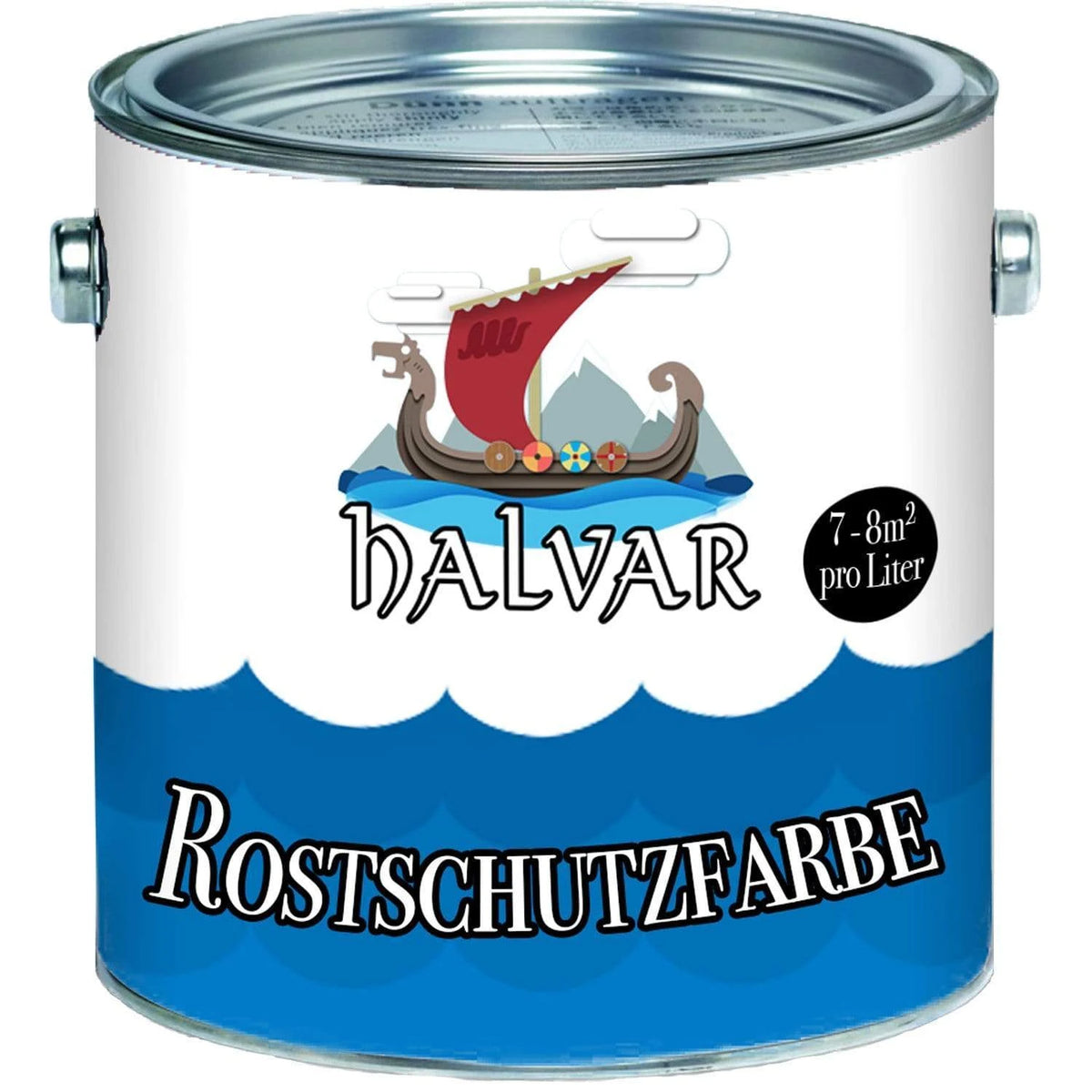 Puszka farby antykorozyjnej Halvar z łodzią wikingów. Etykieta: Rostschutzfarbe, 7-8m²/litr.