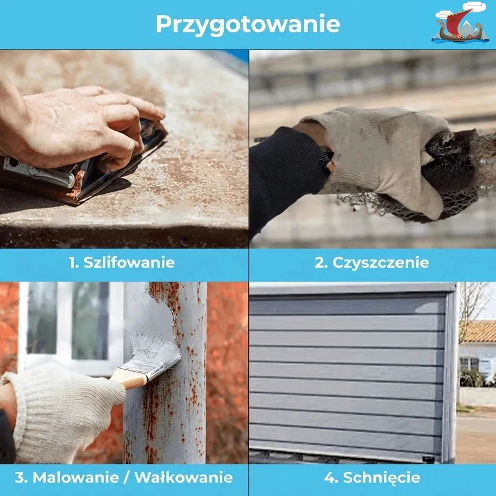 Cztery kroki przygotowania powierzchni: szlifowanie, czyszczenie, malowanie lub wałkowanie i suszenie.