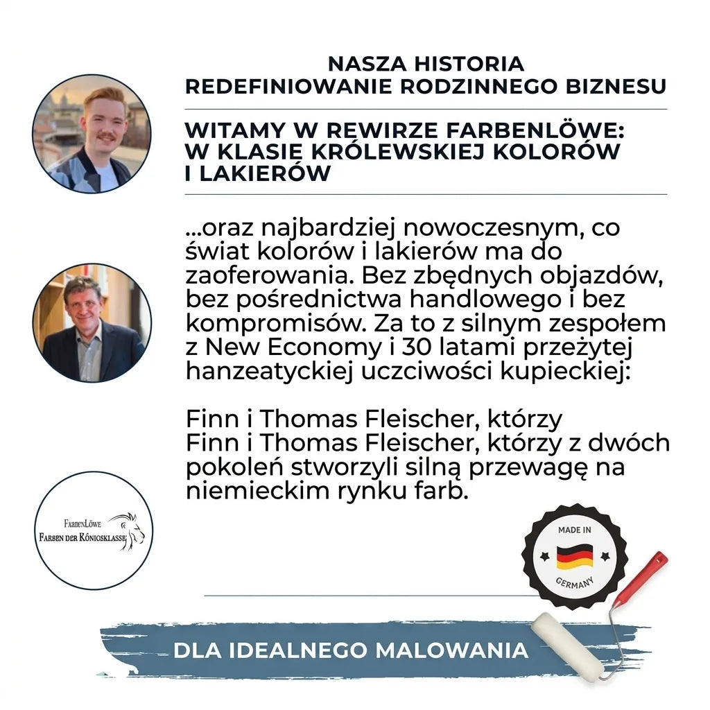Historia rodzinnej firmy Farbenlöwe z Niemiec, produkującej farby najwyższej klasy, z wizerunkami założycieli, pędzlem i wałkiem.