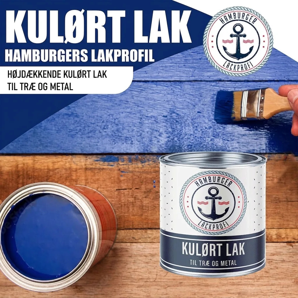 Hamburger Lack-Profi farvet maling til træ og metal. Blå maling på træplanker med pensel og malerbøtte.