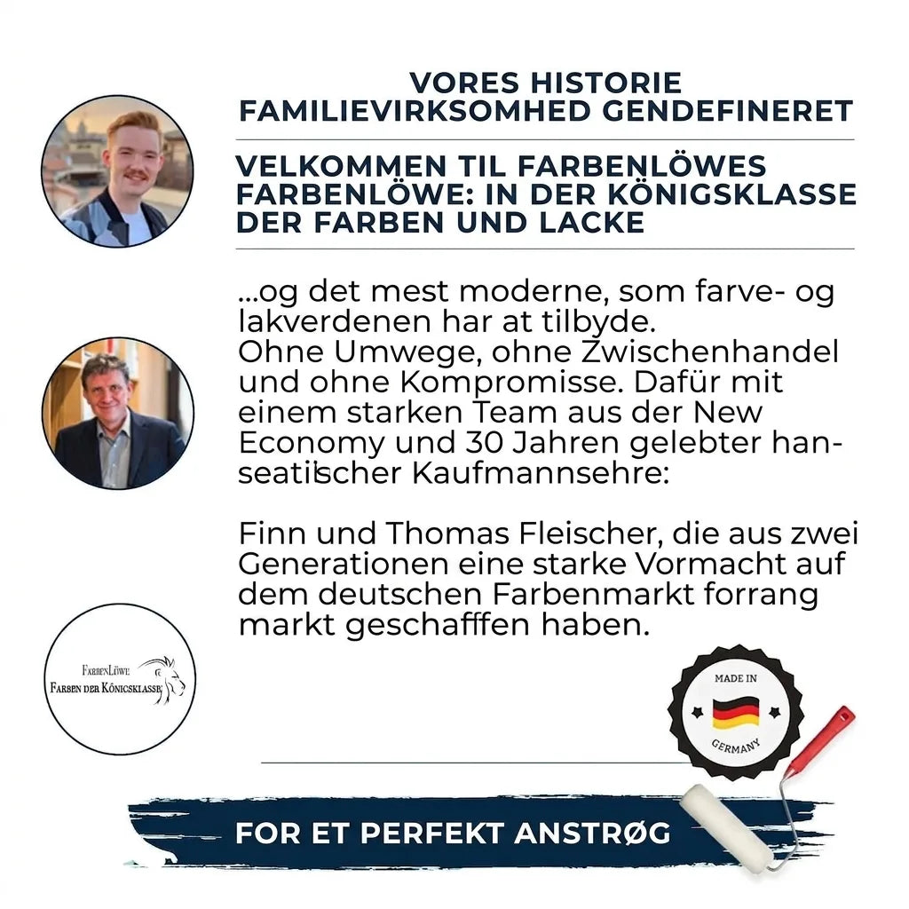 Farbenlöwe: En familiebedrifts historie og værdier inden for maling og lak, med fotos af Finn og Thomas Fleischer.
