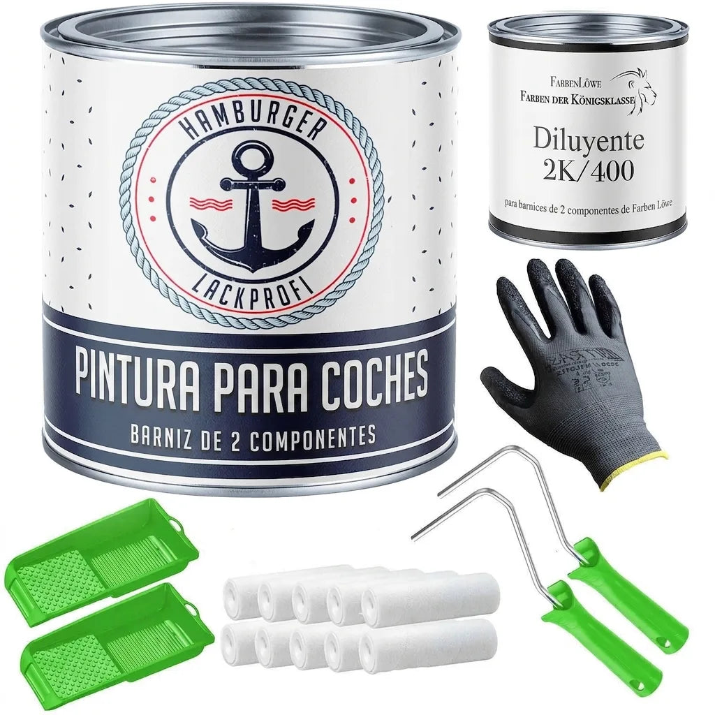 Set de pintura de coche con bote de laca 2K, diluyente, guantes, rodillos y bandejas