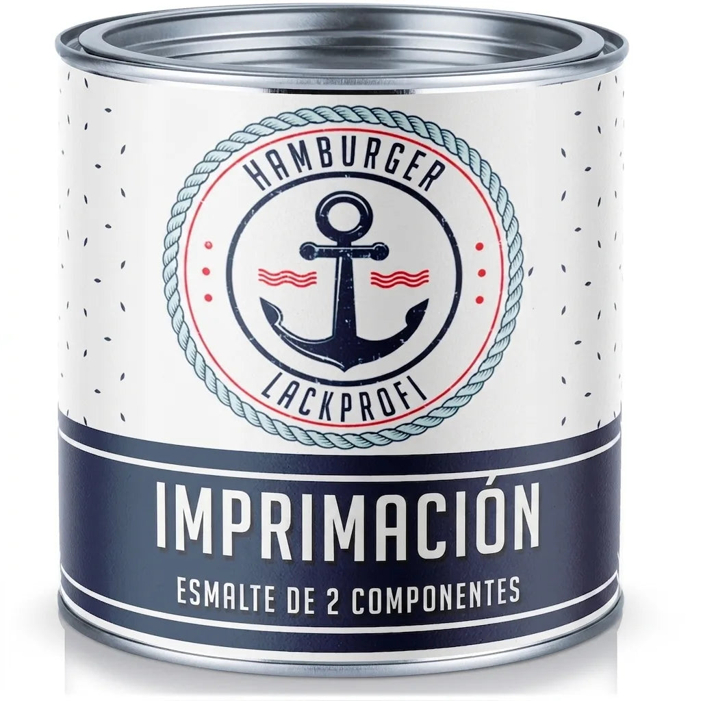Envase de imprimación y laca de 2 componentes 'Hamburger Lackprofi' con diseño náutico de ancla.
