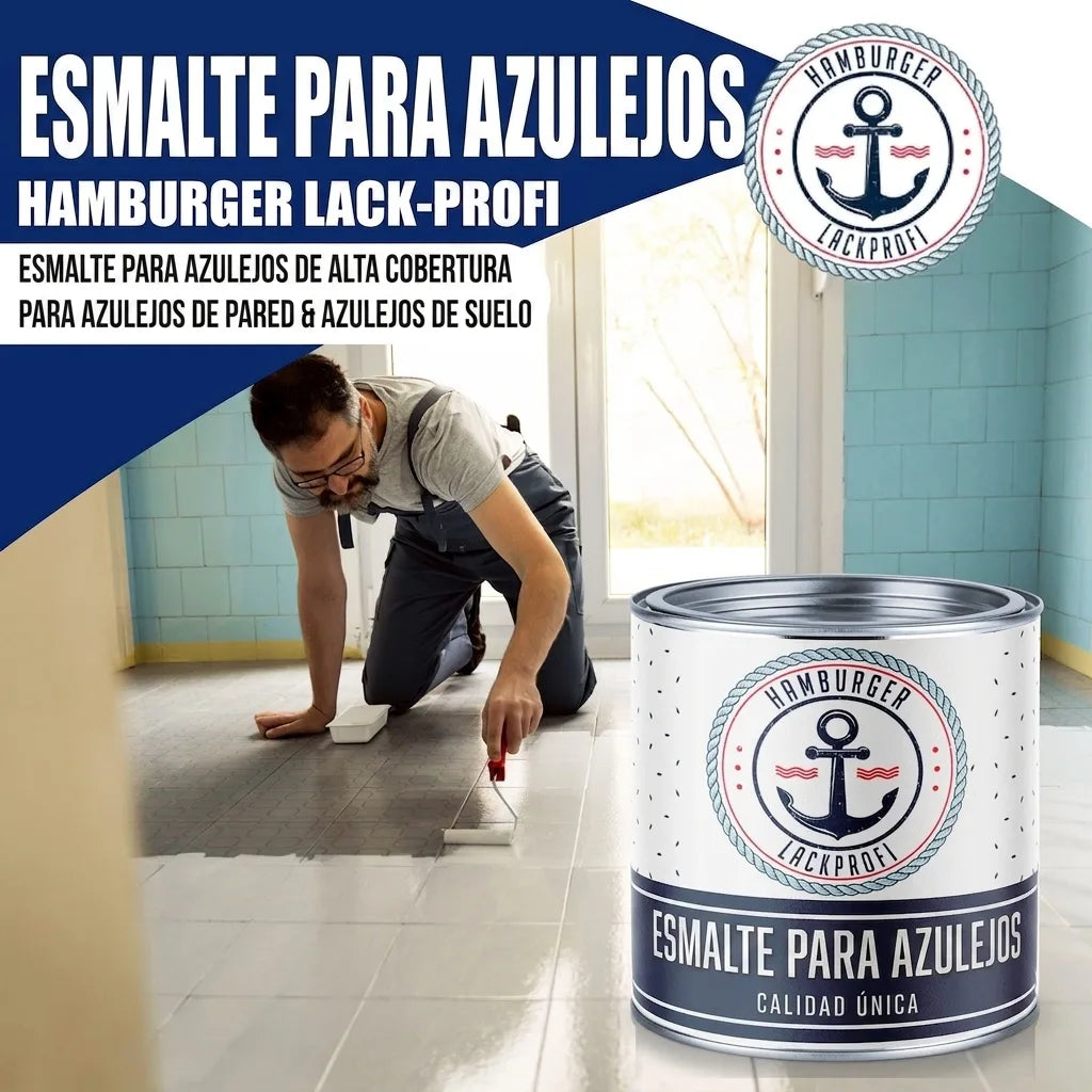 Hombre pintando baldosas con Fliesenlack blanco. Lata de pintura para azulejos Hamburger Lack-Profi, para paredes y suelos.