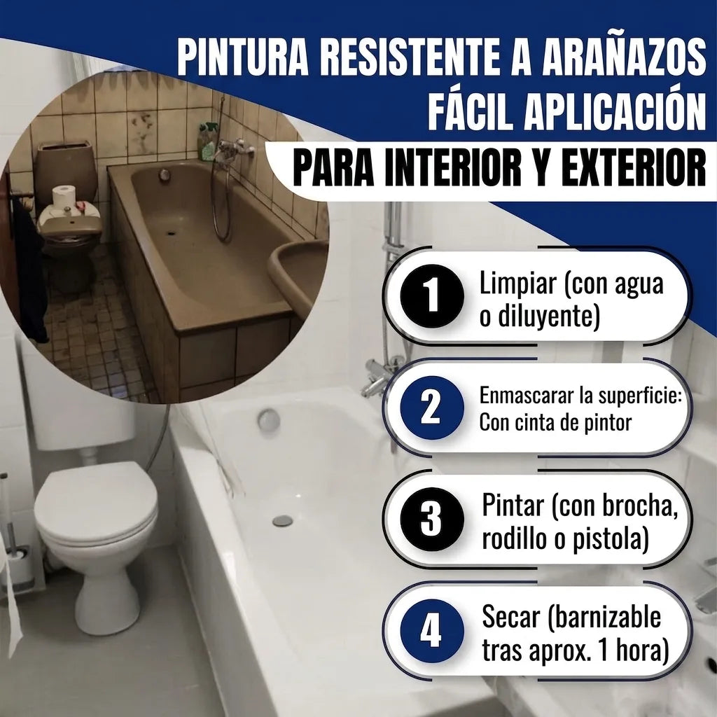 Transformación de baño con pintura resistente a arañazos. Pasos para renovar bañera: limpiar, cubrir, pintar y secar.