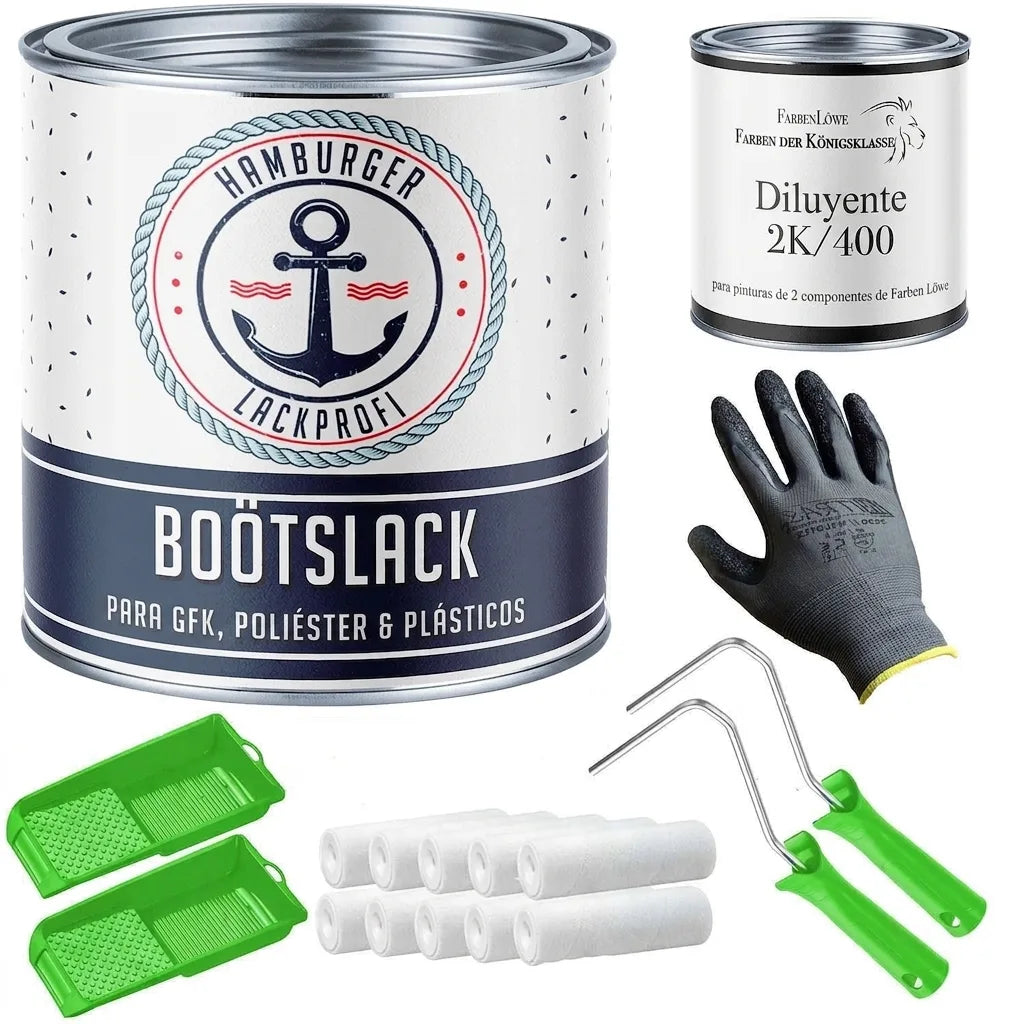 Kit de pintura para barcos: laca, diluyente, guantes de trabajo, rodillos y bandejas de pintura.