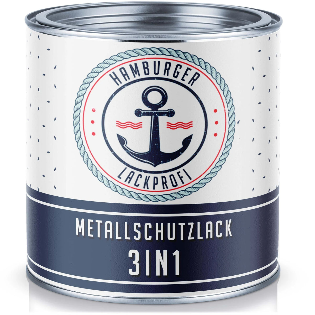 Pot de vernis protecteur métal 3 en 1 Hamburger Lackprofi avec logo ancre marine. Peinture pour métal.