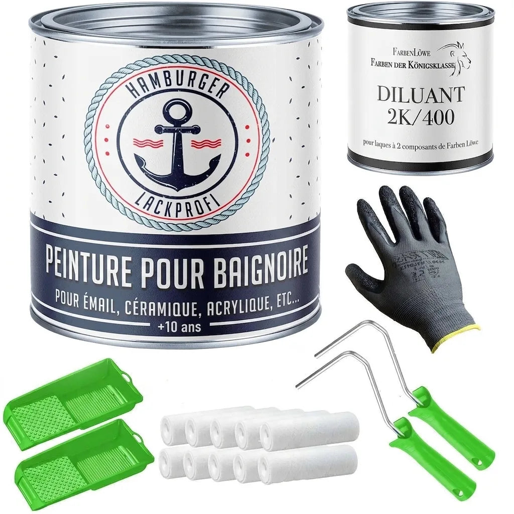 Kit de rénovation de baignoire : peinture, diluant, gants, rouleaux et bacs à peinture.