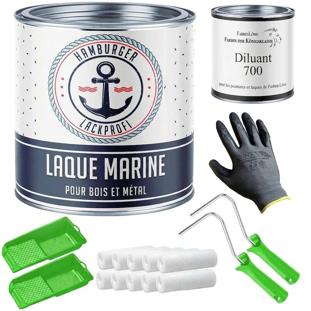 Kit de peinture pour bateau avec laque, diluant, rouleaux, bacs et gants de protection.
